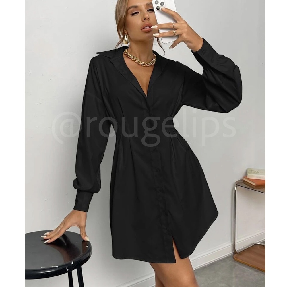 Black Fitted Waist Drop Shoulder Buttoned Down Shirt Dress Long Sleeve
